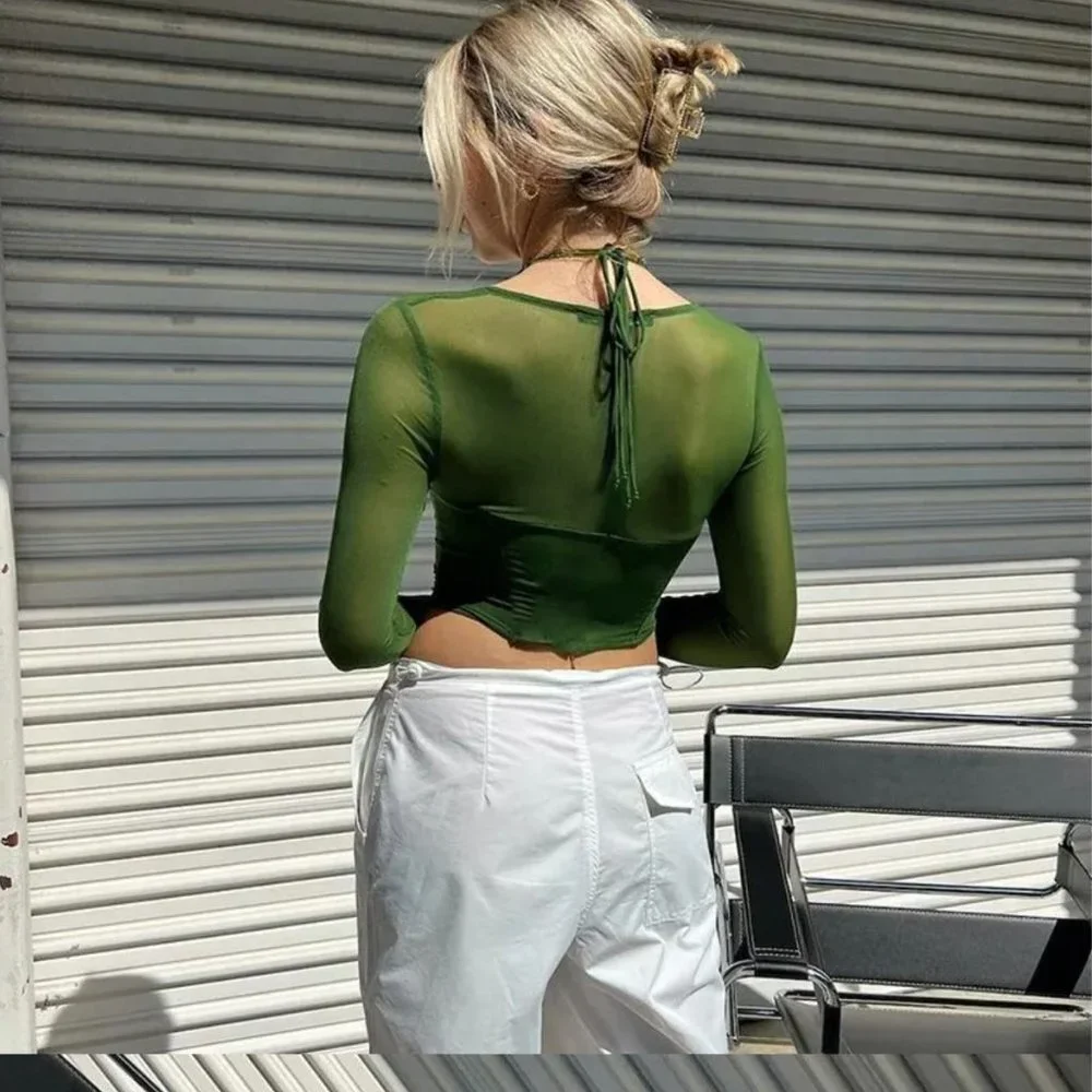 One Clothing Green Long Sleeve Strappy Mesh Panel Corset Top - Picture 2 of 2